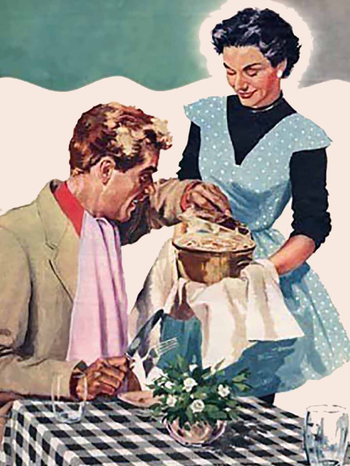 a 1950s illustration of a housewife serving dinner.
