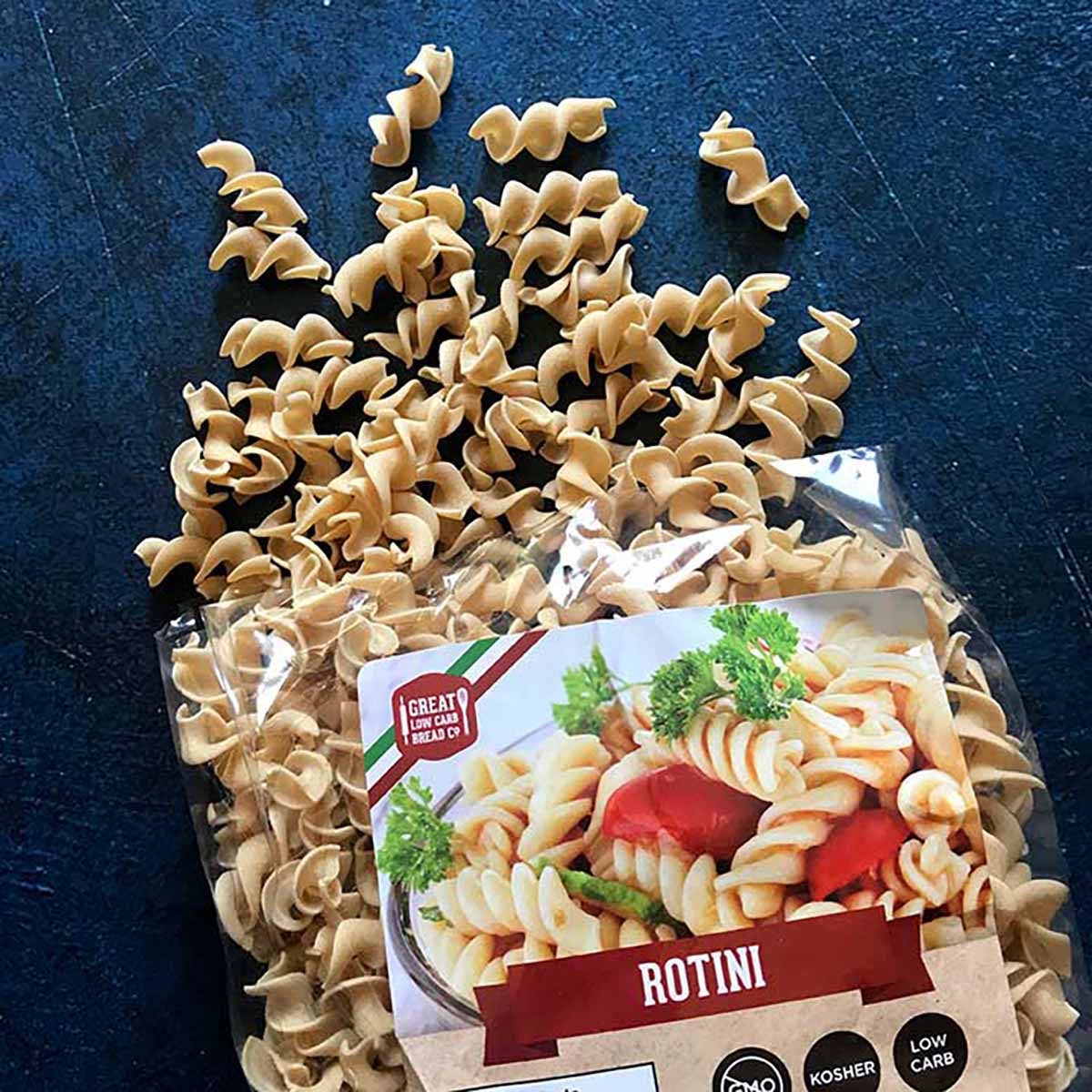 a bag of The Great Low Carb Bread Co Rotini Noodles.