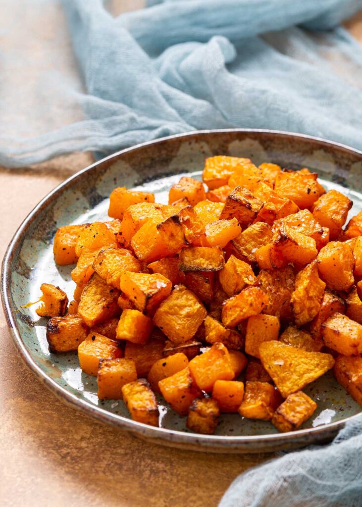 a plate of air fryer butternut squash.