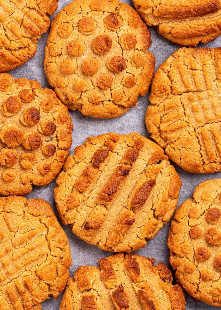 a top down view of almond flour peanut butter cookies.